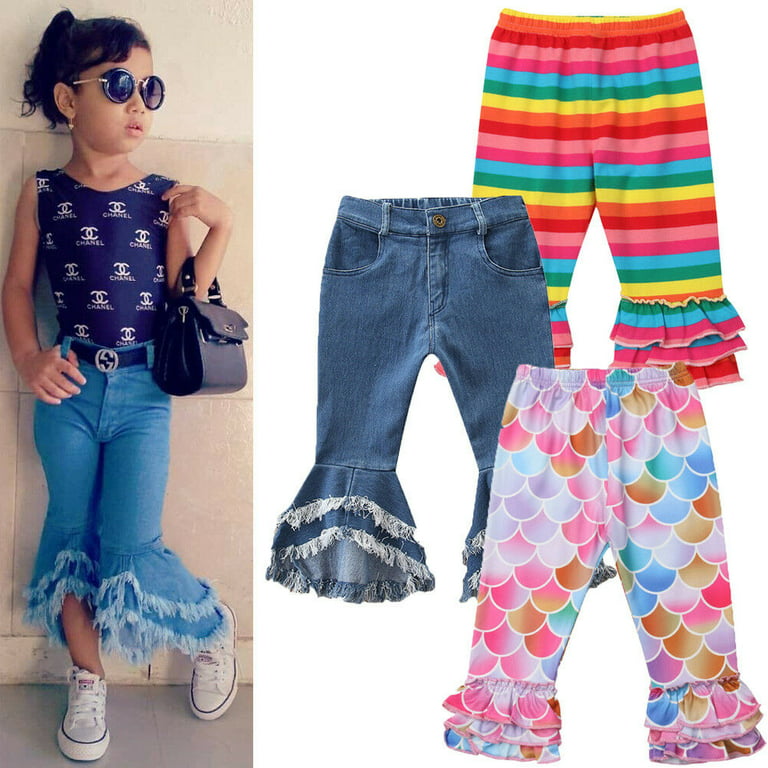 Toddler Kids Baby Girl Outfit Clothes Ruffle Rainbow Jean Leggings Pant  1PCS 