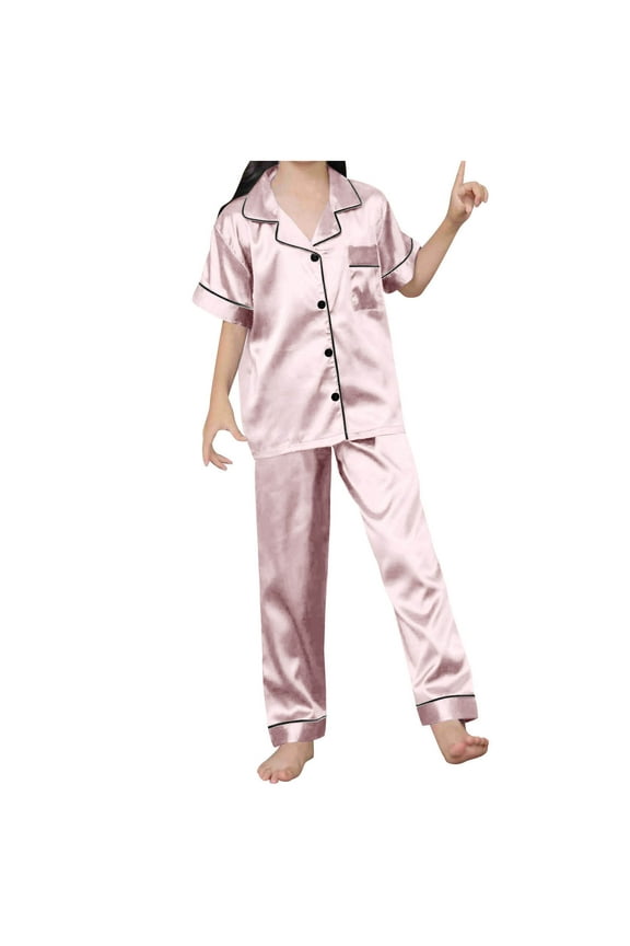 Toddler Kids Baby Girl Solid Pajama Sets Silk Satin Short Sleeve Button Down Shirt Top and Pants 2-Piece Pajamas Set Sleepwear for Boy Girl
