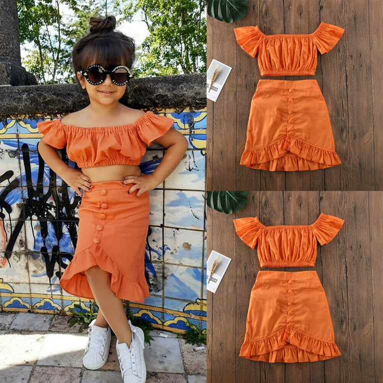 Toddler Kids Baby Girl Summer Outfits Clothes Set Casual Crop Top T shirts  Ruffles A-Line Skirts Beach Holiday Costumes For Children Girls 1-6Y