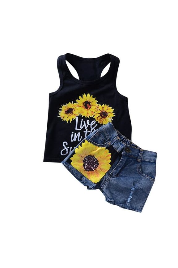 Toddler Kids Baby Girl Sunflower Outfits Sleeveless Tank Top Denim Shorts Summer Clothes Size 2-3T