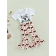 thumbnail image 1 of Toddler Kids Baby Girl Western Bell Bottoms Outfits Short Sleeve Cow Print T-Shirt Tops Flare Pants Set Cowgirl Clothes (White + Pink Cow Print, 3-4 Years), 1 of 9