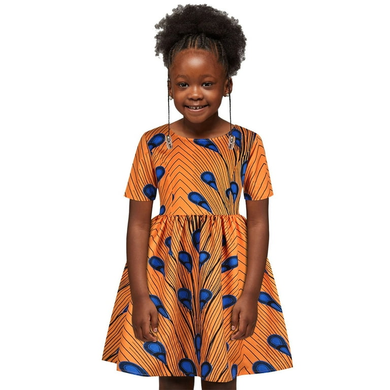 Toddler Kids Baby Girls African Dashiki Traditional Style Short Sleeve  Round Neck Dress Ankara Princess Dresses Outfits 1-6Y 