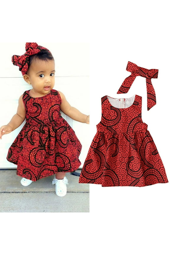 Toddler Kids Baby Girls African Dashiki Traditional Style Sleeveless Dress Ankara Princess Dresses Headband Outfits 6M-3Y