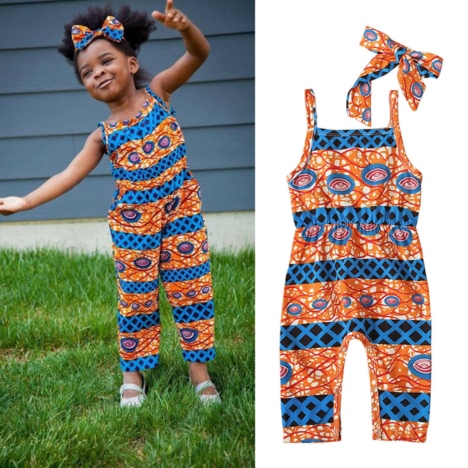 Toddler Kids Baby Girls African Dashiki Traditional Style Sleeveless Summer  Romper Jumpsuit Playsuit Clothes Orange 70