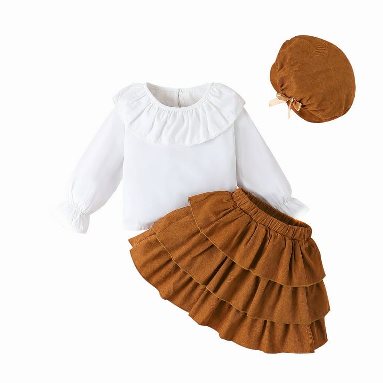 Toddler Kids Baby Girls Casual Clothes Set Solid Color Lace Shirt Tops Corduroy Skirt Hat 3Pcs Outfits Set For 5 6 Years Walmart