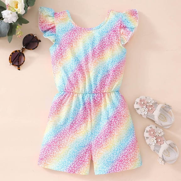 Toddler Kids Baby Girls Casual Short Jumpsuits Cute Flowers/Leopard Print Flying Ruffle Sleeve Cross Back Rompers Summer Fashion Sleeveless Onesie Clothes Light Blue qILAKOG 2-3Years