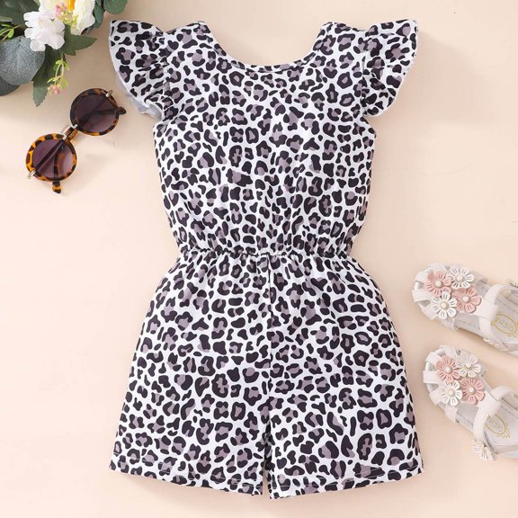 Toddler Kids Baby Girls Casual Short Jumpsuits Cute Flowers/Leopard Print Flying Ruffle Sleeve Cross Back Rompers Summer Fashion Sleeveless Onesie Clothes Brown qILAKOG 5-6Years
