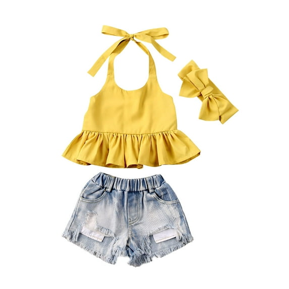 Toddler Kids Baby Girls Clothes Sets Orange Solid Sleeveless Belt Ruffles Vest Dress+Denim Shorts 3pcs