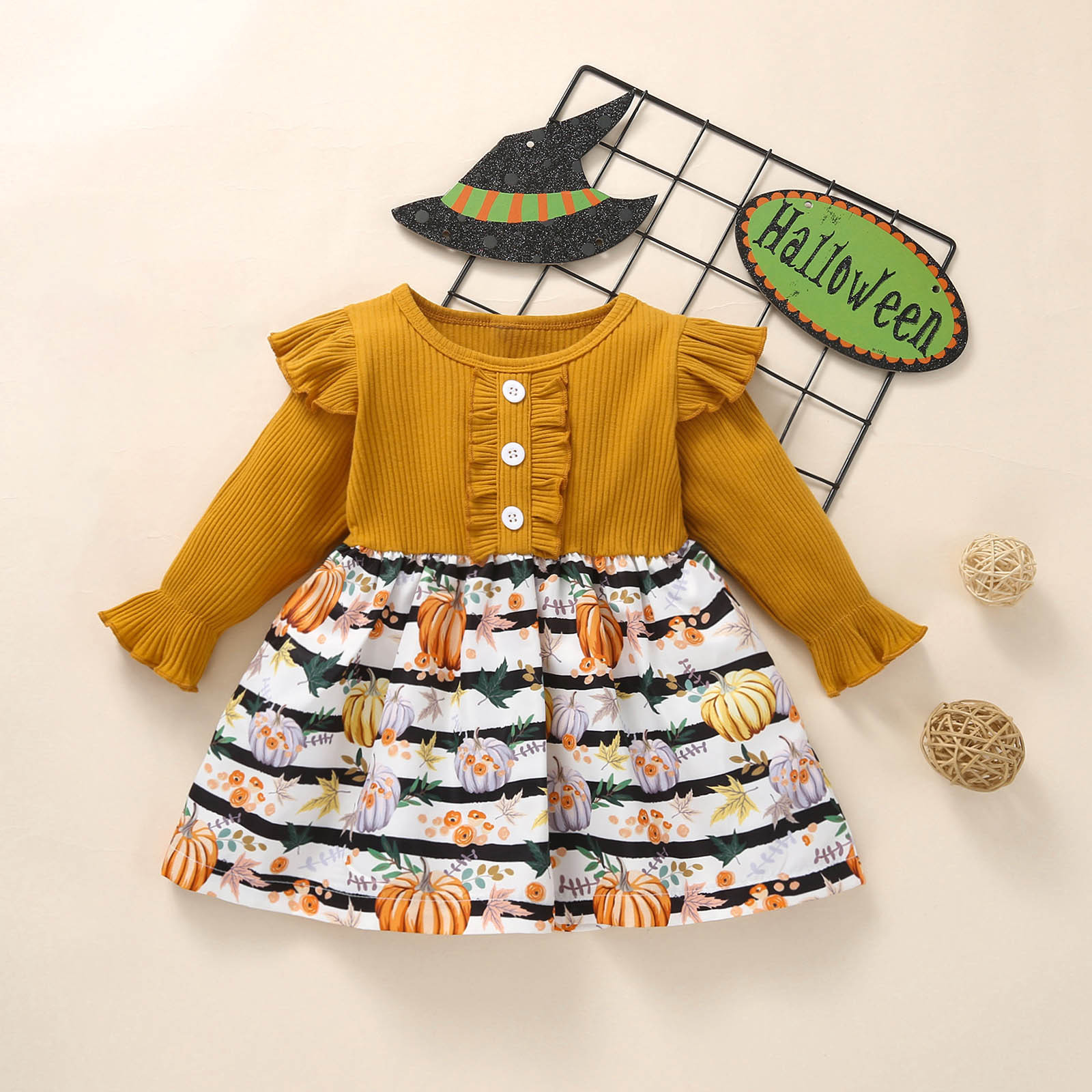 Toddler Kids Baby Girls Dress Cute Ruffles Long Sleeve Pumpking Flowers