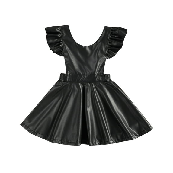 Toddler Kids Baby Girls Fashion Black Dress Ruffled Short Sleeve Faux Leather Backless Suspender Princess Dress