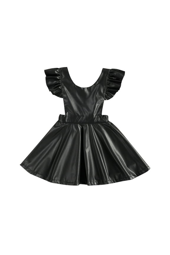 Toddler Kids Baby Girls Fashion Black Dress Ruffled Short Sleeve Faux Leather Backless Suspender Princess Dress