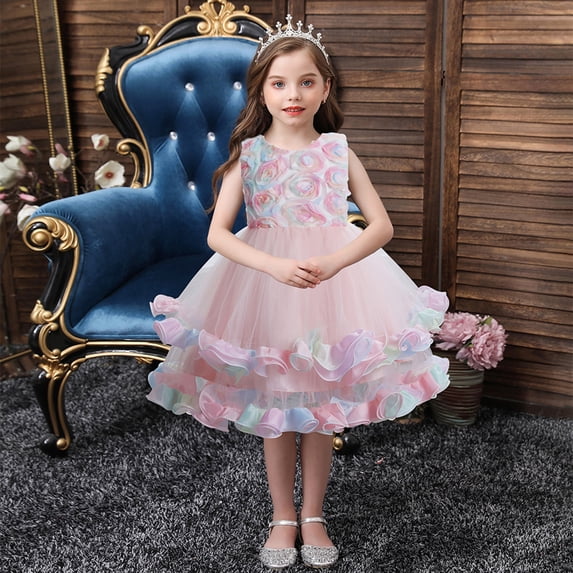 Toddler Kids Baby Girls Floral Formal Princess Party Tulle Tiered Full Dress Long Dresses For Girl Summer Going Out Dress