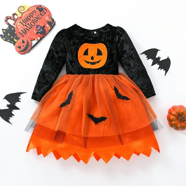Toddler Kids Baby Girls Halloween Costume Pumpkin Bat Mesh Tulle Dress Long Sleeve Princess