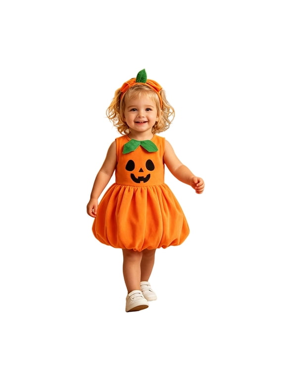 Toddler Kids Baby Girls Halloween Dresses Pumpkin Face Print Sleeveless Crew Neck Cute Bubble Dress for Party