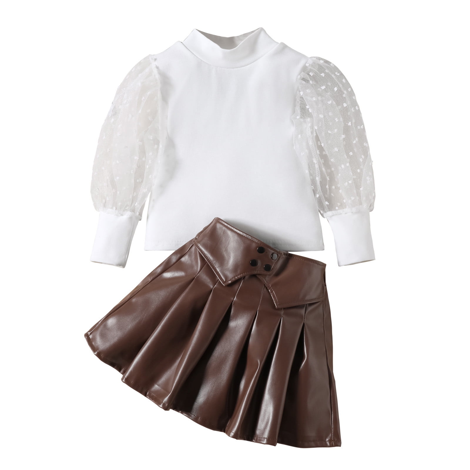 2pcs Kid Girl Mesh Puff-sleeve Brown Tee and Floral Print Button Design Elasticized Skirt Set