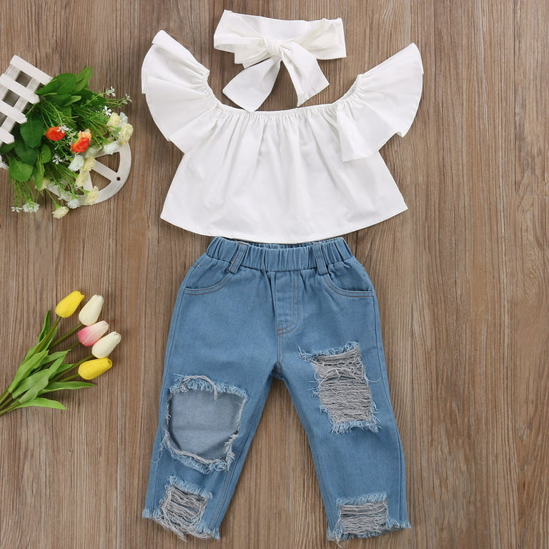 Toddler Kids Baby Girls Off Shoulder Tops Denim Pants Jeans 3pcs Outfit Set  Clothes White 4-5 Years