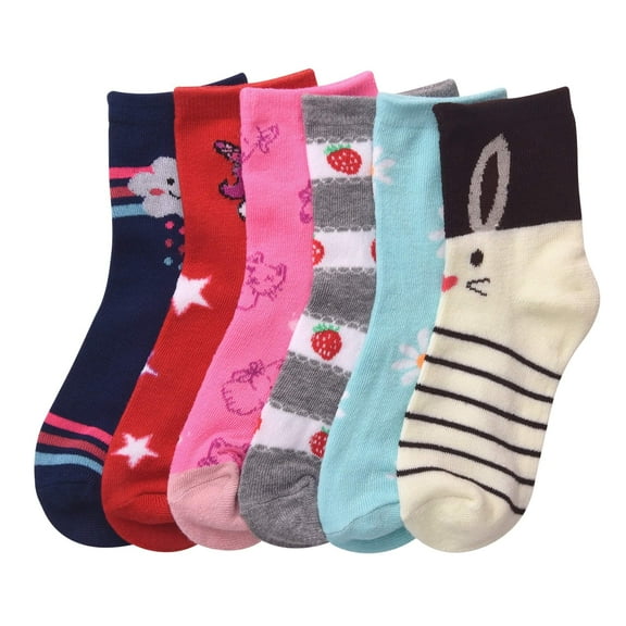 Toddler Kids Baby Girls Soft Computer Crew Socks, Mutli-Color Animal Cartoon Printed, 00-12, 6 Pairs