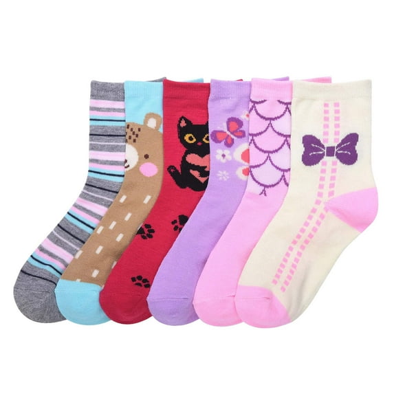 Toddler Kids Baby Girls Soft Computer Crew Socks, Mutli-Color Animal Cartoon Printed, 02-3, 6 Pairs