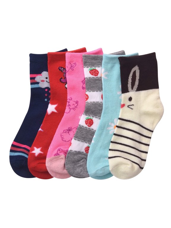 Toddler Kids Baby Girls Soft Computer Crew Socks, Mutli-Color Animal Cartoon Printed, 06-8, 6 Pairs