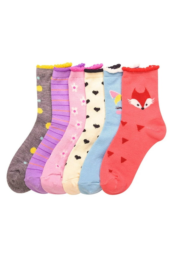 Toddler Kids Baby Girls Soft Computer Crew Socks, Mutli-Color Animal Cartoon Printed, 06-8, 6 Pairs