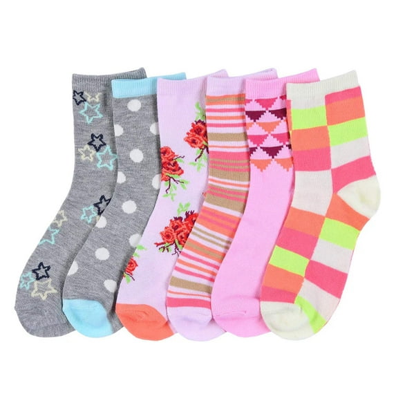 Toddler Kids Baby Girls Soft Computer Crew Socks, Mutli-Color Floral Cute Printed, 06-8, 6 Pairs
