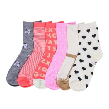 Toddler Kids Baby Girls Soft Computer Crew Socks, Mutli-Color Heart Cute Printed, 06-8, 6 Pairs
