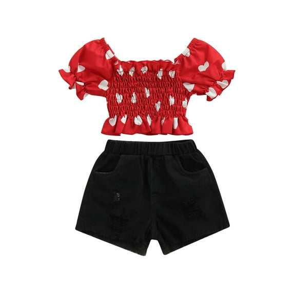 Toddler Kids Baby Girls Summer Outfits Cropped Ruffle T-Shirt Tops + Denim Ripped Short Pants Jeans Clothes Set