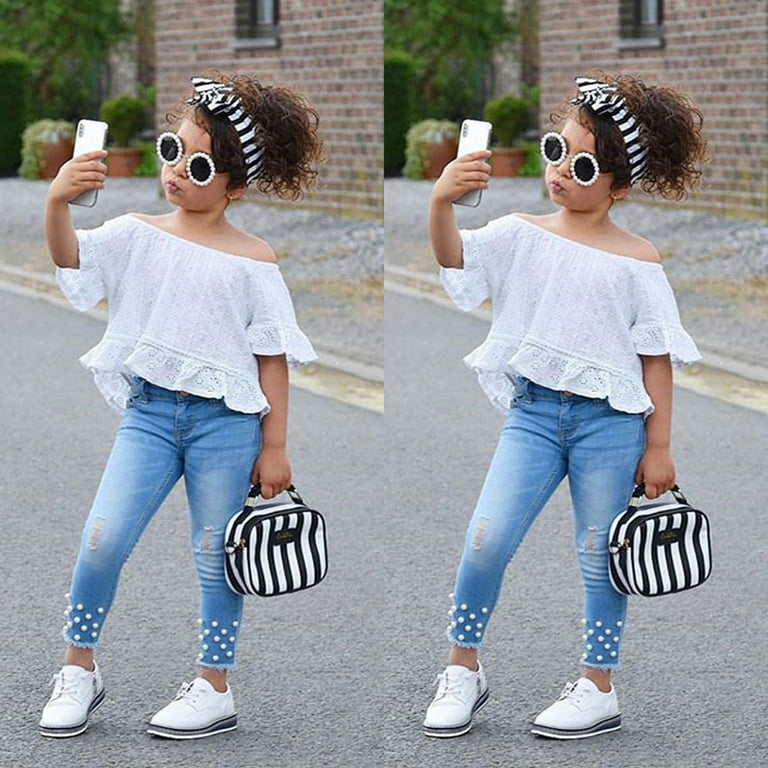 Toddler Kids Baby Girls Tops T-shirt Denim Hot Pants Jeans Outfit Clothes  Set White 3-4 Years