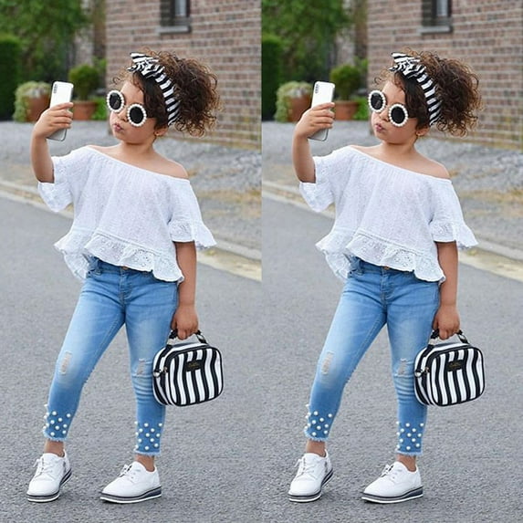 Toddler Kids Baby Girls Tops T-shirt Denim Hot Pants Jeans Outfit Clothes Set White 5-6 Years