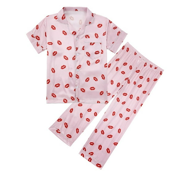 Toddler Kids Baby Sleepwears Girls Spring Summer Cartoon Print Short Sleeve Long Pants Sleepwear Outfits Pajamas Clothes Fall Winter Soft Loungewear For Child