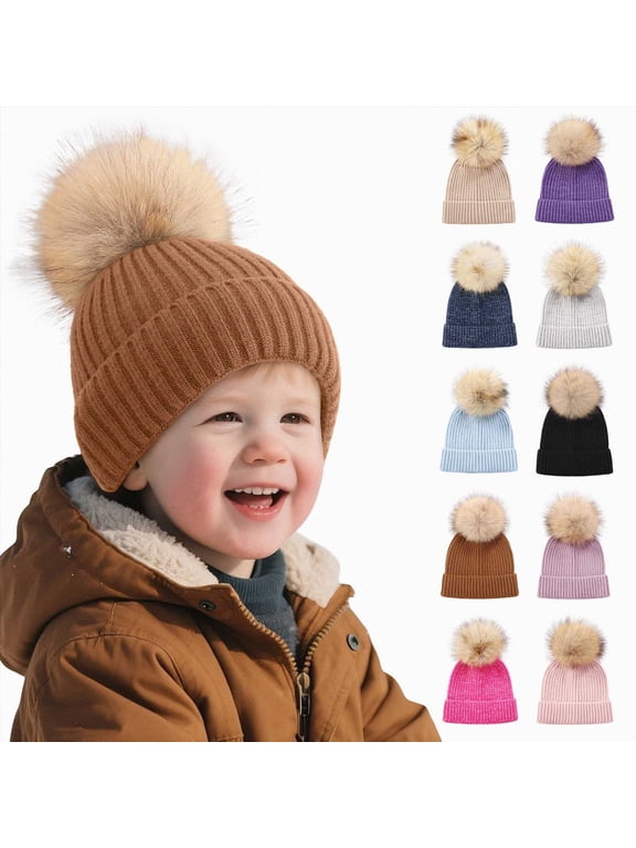Toddler Kids Beanie Solid Color Cute Knitting Hat with Pom-Pom for 3-8 Years Little Kids Winter Beanie Hat