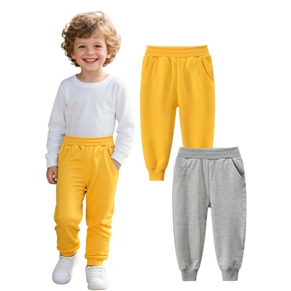 HILEELANG Toddler Kids Boy Girl Pants 2-Pack Set Jogger Sweatpants Jogger Pant Pure Yellow Grey Active Sport Trousers 5Y