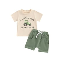 Toddler Kids Boy Shorts Clothing Set 0 6 12 18 24 Months 2T 3T 4T Letter Tractor Print Short Sleeve Round Neck T-Shirt with Solid Shorts 2Pcs Outfit