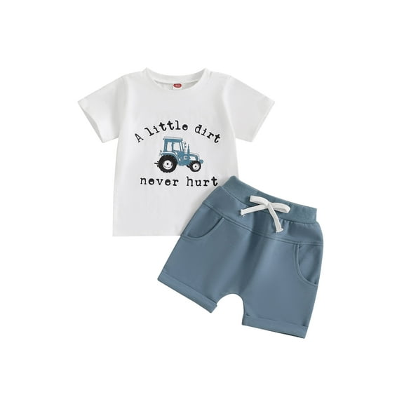 Toddler Kids Boy Shorts Clothing Set 0 6 12 18 24 Months 2T 3T 4T Letter Tractor Print Short Sleeve Round Neck T-Shirt with Solid Shorts 2Pcs Outfit
