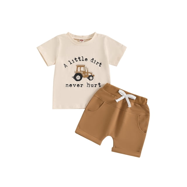 Toddler Kids Boy Shorts Clothing Set 0 6 12 18 24 Months 2T 3T 4T Letter Tractor Print Short Sleeve Round Neck T-Shirt with Solid Shorts 2Pcs Outfit
