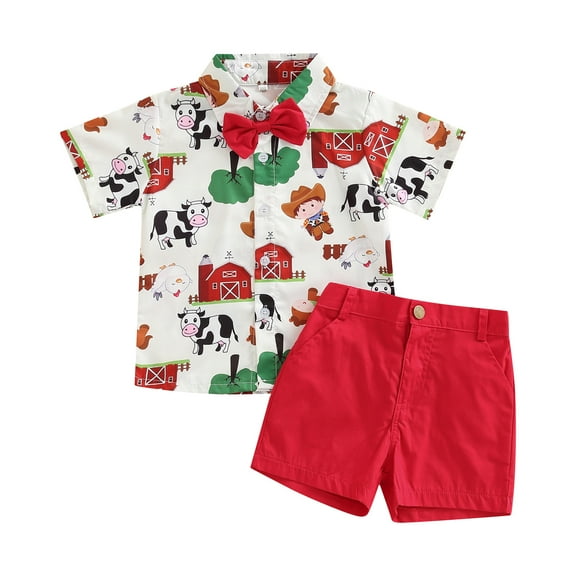 Toddler Kids Boys 2 Pieces Outfits 6M 12M 2Y 3Y 4Y 5Y Farm/Circus Cartoon Animal Print Short Sleeve Shirts with Bow Tie   Solid Color Shorts Set