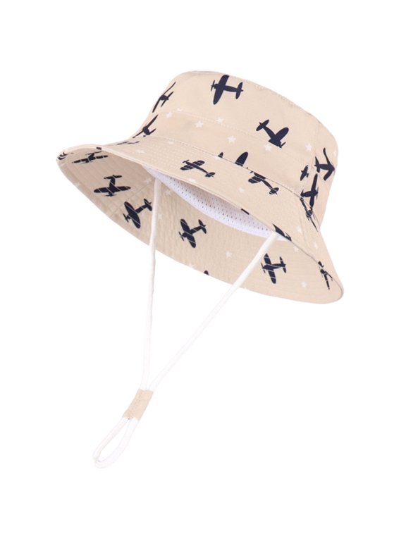 Toddler Kids Boys Airplane Bucket Hat Aircraft Star Print Wide Brim Adjustable Chin Strap Summer Beach Outdoor Casual Accessories