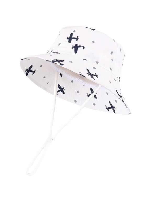 Toddler Kids Boys Airplane Bucket Hat Aircraft Star Print Wide Brim Adjustable Chin Strap Summer Beach Outdoor Casual Accessories