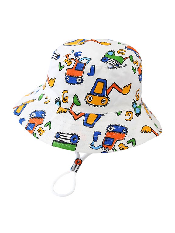 Toddler Kids Boys Construction Bucket Hat Vehicle Letter Print Wide Brim Drawstring Chin Strap Flat Crown Summer Outdoor Sun Accessories