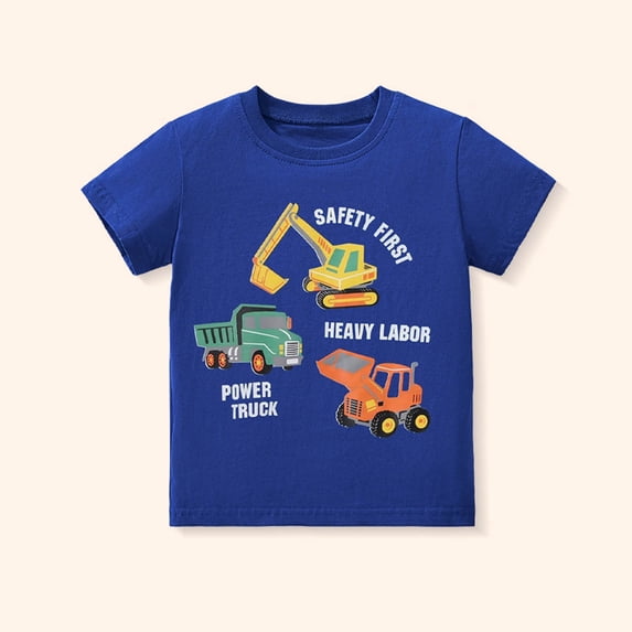 Toddler Kids Boys Construction Vehicle Safety Shirt Heavy Labor Graphic Print Short Sleeve Crew Neck Tee Top Summer T-Shirts 3-4T