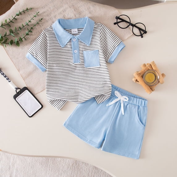 Toddler Kids Boys Cotton 2 Piece Outfits Casual Striped Print Short Sleeve Lapel Button T-Shirt and Solid Drawstring Shorts Matching Sets with Pockets Blue 3-4 Years