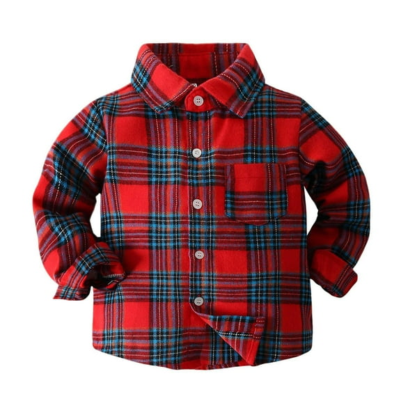 Auroural Boys Button Down Shirts Long Sleeve Toddler Kids Boys Girl Fashion Cute Lattice Pocket Print Long Sleeves Casual School Uniform Top Shirt Red 2 Years