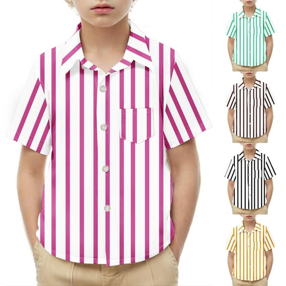 Auroural Boys Button Down Shirts Short Sleeve Toddler Kids Boys Girl Fashion Cute Stripe Pocket Print Short Sleeves Casual School Uniform Shirt Black 2 Years