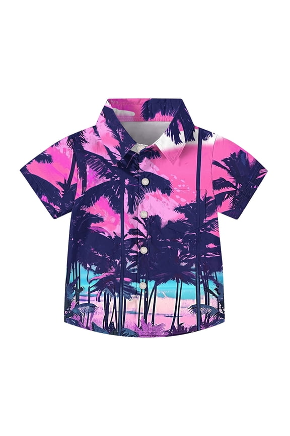 Boys' Print Button Up Shirt Toddler Kids Boys Girl Fashion Hawaiian Style Shirt Print Short Sleeves Casual Uniform Shirt With Pocket Hot Pink 5 Years