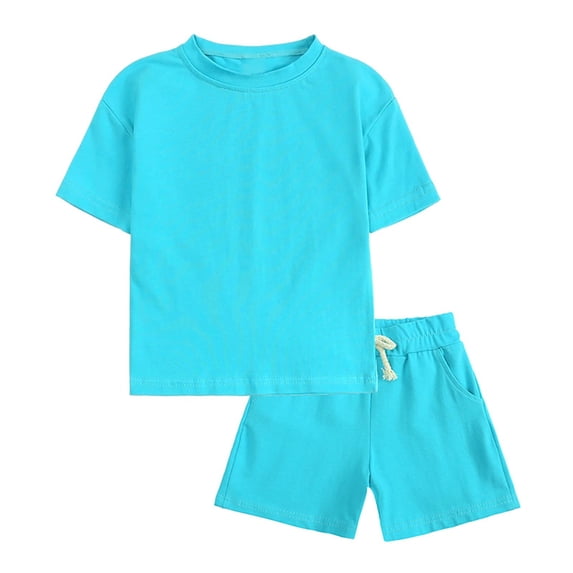 Toddler Kids Boys Girls 2 Piece Clothes Outfits Spring Summer Fashion Cute Solid Color Soft Short Sleeve Top Shorts Home Wear Suit Sky Blue 6 Months