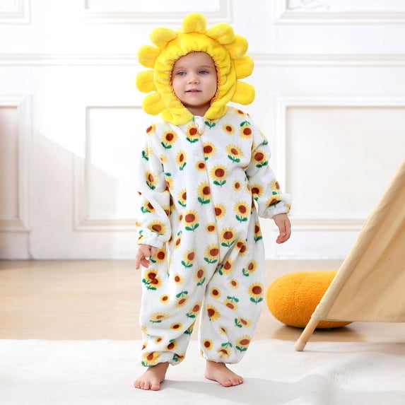 Toddler Kids Boys Girls Animal Fleece Romper Jumpsuit Teens Long Sleeve Thermal Outfit With Pocket Girls Soft Zipper Hooded Bodysuit Spring Comfortable Outwear Onesie Yellow 31-36 Months