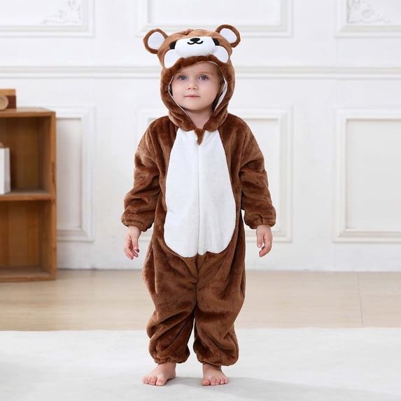 Toddler Kids Boys Girls Animal Fleece Romper Jumpsuit Teens Long Sleeve Thermal Outfit With Pocket Girls Soft Zipper Hooded Bodysuit Spring Comfortable Outwear Onesie Brown 7-12 Months
