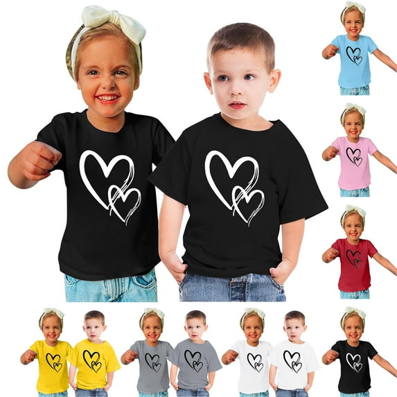 Toddler Kids Boys Girls Cotton T-shirt Fashion Cute Round Neck Valentine's Day Print Tee Short Sleeve Top qILAKOG Size Gray7-8 Years