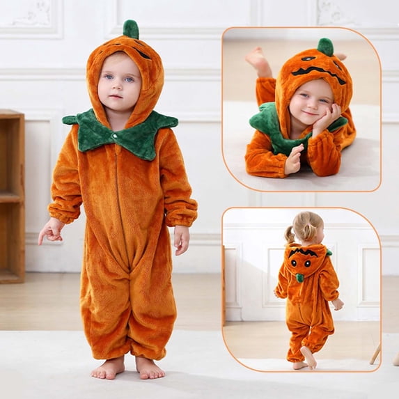 Toddler Kids Boys Girls Cute Fleece Romper Jumpsuit Teens Long Sleeve Thermal Outfit With Pocket Girls Soft Zipper Hooded Bodysuit Spring Comfortable Outwear Onesie Orange 13-18 Months