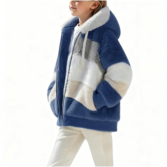 Toddler Kids Boys Girls Cute Fuzzy Fleece Jacket Winter Hooded Cardigan Plus Size Warm Outerwear with Pockets New Plus Size Jacket for Toddler Baby Girl Blue 160